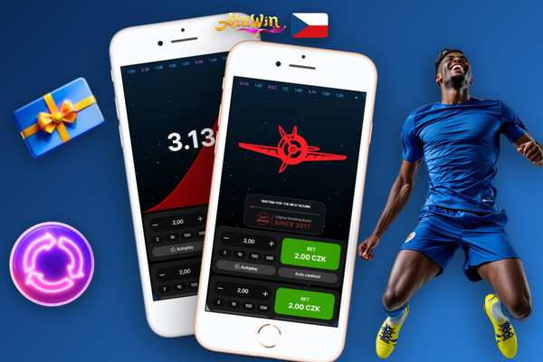 Červené letadlo Aviator od Spribe stoupá na obrazovce mobilu v Alawin Casino