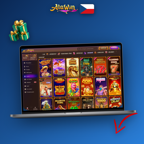 Alawin Casino desktop verze na notebooku s lobby plnou slotů a live kasinem