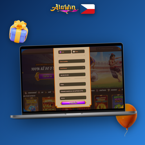 Alawin Casino registrace – notebook s formulářem a mobil s potvrzením účtu