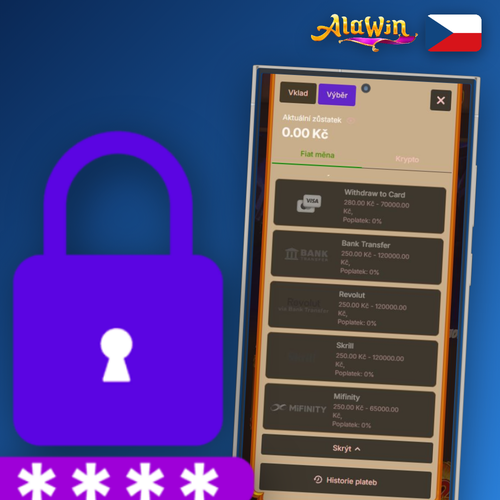 Alawin Casino výběr peněz – pokladna s ikonami karet, e-peněženek a kryptoměn v CZK